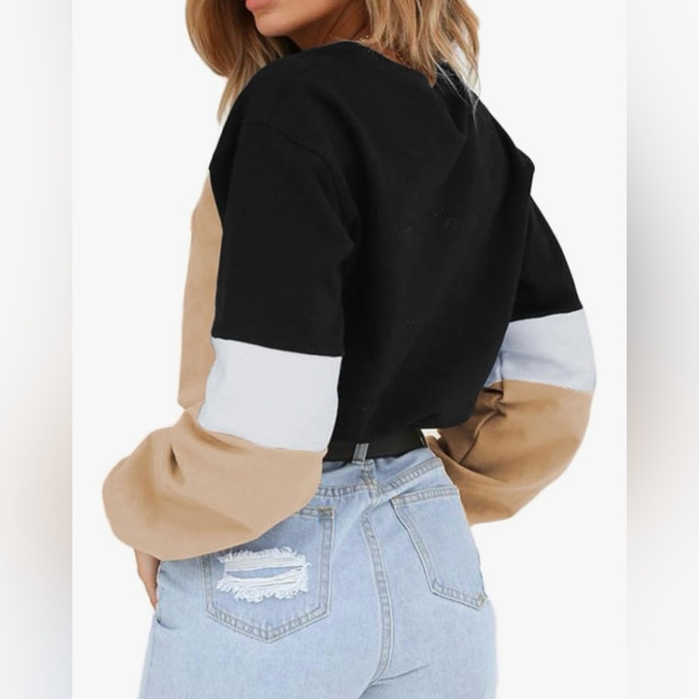 Color Block Lace Up Hem Crop Sweatshirt Casual Long Sleeve Top - Picture 4 of 6